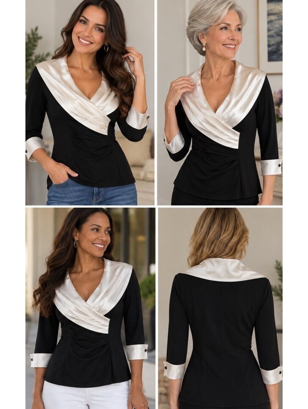 Adrianna Papell Evening Essentials Black Blouse with White Shawl Collar Size 6